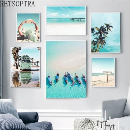 Modern Travel Poster Tropic Hawaii Beach Bus Surfboard Palm coconut tree Landscape Canvas Painting Wall Art Picture Home Decor