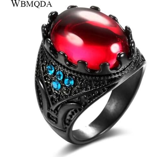 Wbmqda Fashion Red Stone Crystal Black Finger Rings For Men Women Gothic Jewelry 8-11 Big Size Male New Black Stones 2 Color