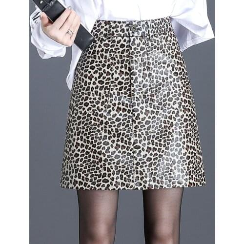 Korean Style Spring Fall Women Fashion Leopard Pattern Pu Leather Skirt , Casual Woman Ladies Slim Above Knee 4xl 3xl Skirts
