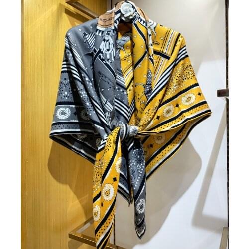 Yellow Grey Diagonal Matching Colors Warm Shawl Horse Design 70% Cashmere 30% Silk Scarf Accessories Muffler ACC By Hand KSR3
