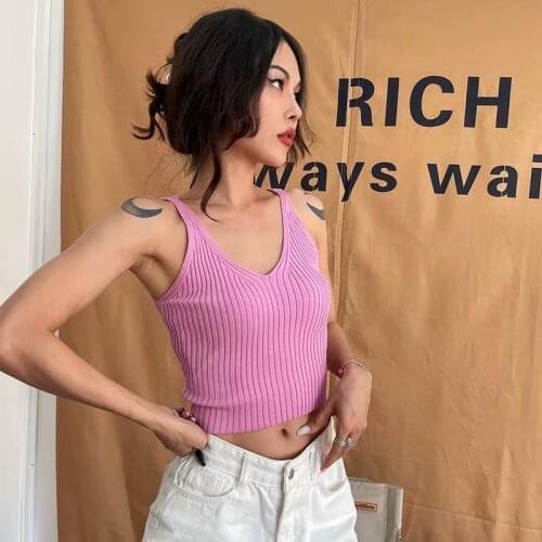 Ladies double V-neck halter street European and American style solid color knitted tight-fitting short cropped camisole is thinn