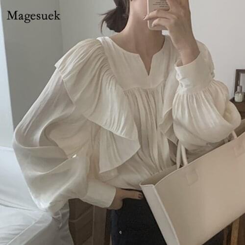 New Chic Spring Women Tops Ruffles Stitching Pleated Lantern Sleeve Vinatge Blouse O Neck Loose Elegant Woman Shirt Blusas 14152