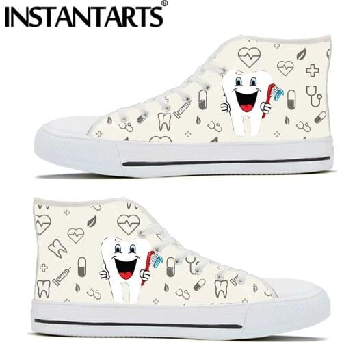 INSTANTARTS Cartoon Funny Dentist Teeth 3D Prints Brand Design Ladies High Top Vulcanized Canvas Sneakers Women Flat Shoes Mujer