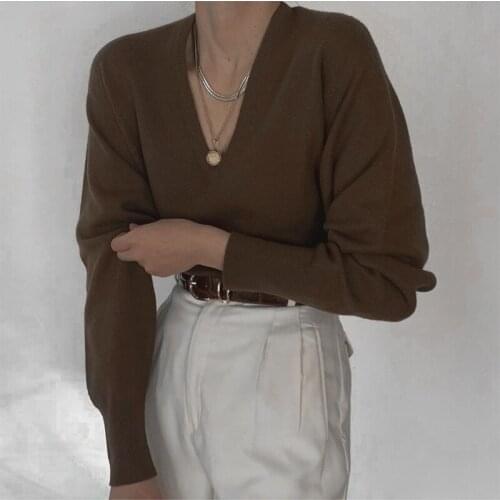 B-TOTO American Retro Brown V-neck Sweater Trendy Ins Womens Pullover Sweater With White Top 2021 New Fashion