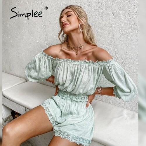 Simplee vintage solid womens short sets summer Lace puff sleeve off-shoulder sets female Embroidery short-sleeved ladies sets
