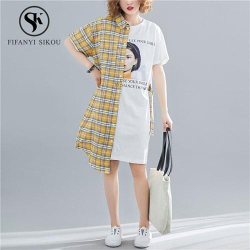 Womens Summer Fashion Plaid Splice Print Dress women Short sleeve Asymmetrical Shirt Dress Casual Loose Plus size Dresses
