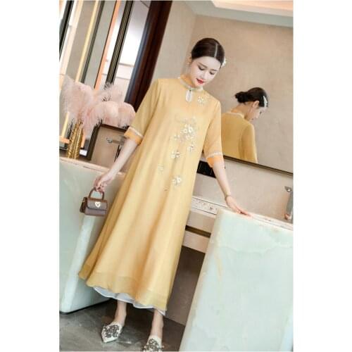 New summer original Chinese Han style flower Embroidered big size mandarin collar button Cheongsam loosen dress for women