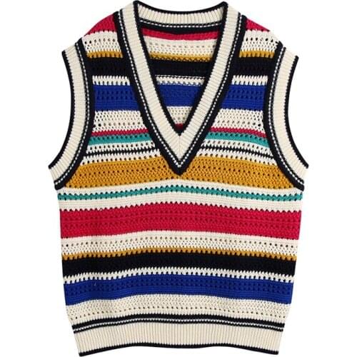 ZXQJ Women 2021 Fashion Patchwork Striped Loose Knit Vest Sweater Vintage Sleeveless Female Waistcoat Chic Tops
