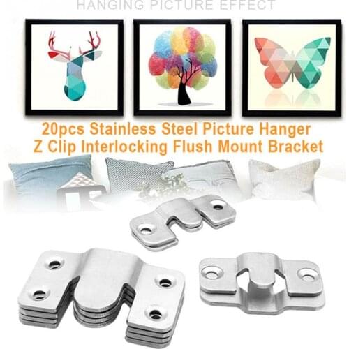 20pcs Art Gallery Painting Interlocking Hook Wall Photo Frame Z Clip Stainless Steel Flush Mount Bracket Display Picture Hanger
