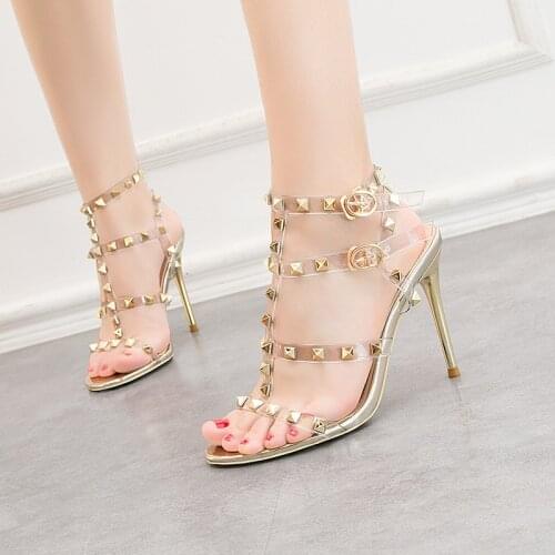 2021 Sexy high heels patent-leather metal rivet sexy nightclub sandals transparent Gladiator shoes