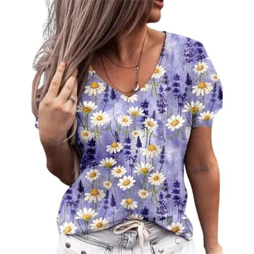 Summer Blouse Top V-neck Comfortable Women Flower Pattern Short Sleeves T-shirt Beach Shirt Office Work Shirts Blusas Feminina