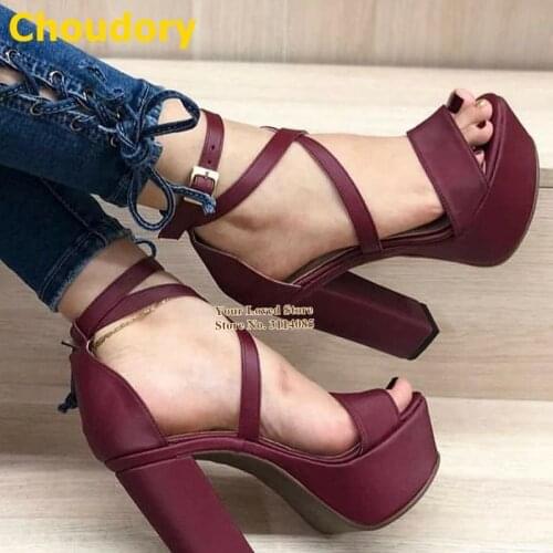 Choudory Burgundy Matte Leather Platform Sandals Women Chunky Heels Buckle Strap Dress Shoes Open Toe Gladiator Pumps Size46