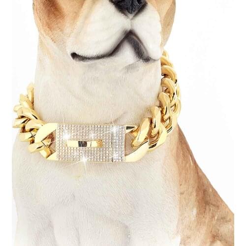 19mm Pet Chain Dog CZ Lock Leash Gold Stainless Steel Necklace French Bulldog Pitbully Collar Strap Dropshipping Pet Training