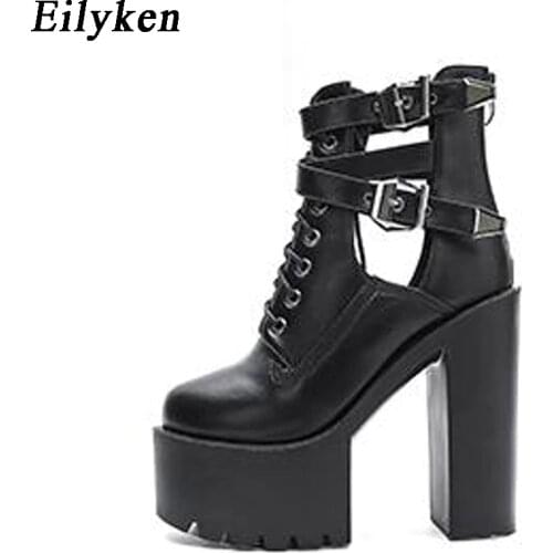 Eilyken Fashion 2021 Autumn Women Boots 15CM Platform Buckle Strap Lace Up Leather Short Sandals Boot Black White Ladies Shoes