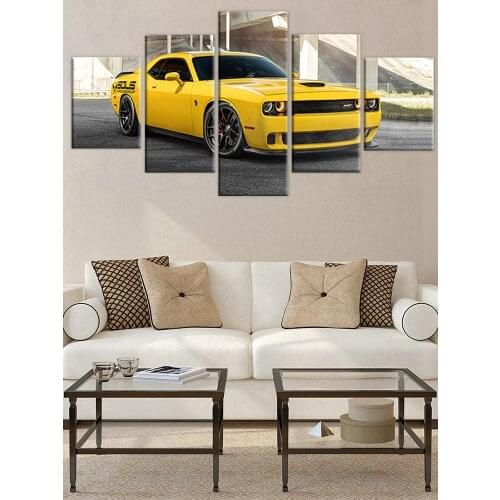 Canvas 5 Piece HD Dodge Charger Srt Hellcat 2018 Yellow Sports Car for Home BedRoom Painting Poster Modulr Modern Framework Oil