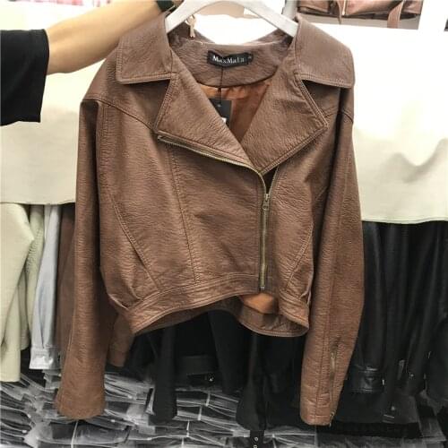 Short Loose Faux PU Leather Jacket 2021 Autumn Women Motorcycle Biker Coat Female Chic Oblique Zipper Streetwear Leather Outwear