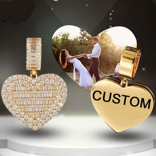1 Hip Hop charm Heart Custom Jewelry Photo Memory Baguette Iced Bling AAA Cubic Zircon Personalized Necklace Pendant for Lovers