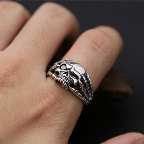 Solid Silver 925 Punk Skull Mens Ring With A CZ Red Stone Antique 925 Sterling Silver Mens Jewelry Cool Rock Star Style Bijoux