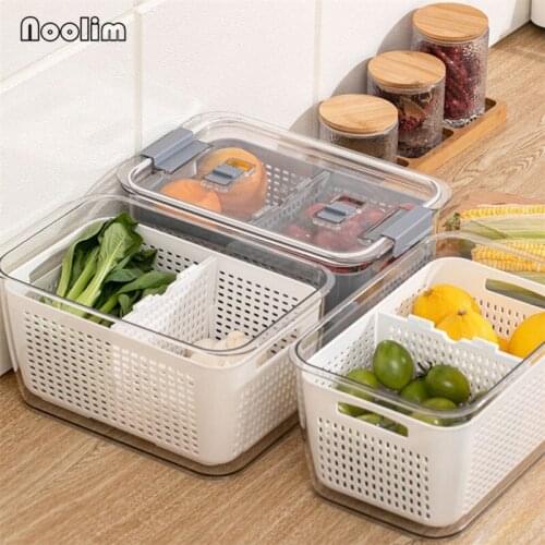 Plastic Fridge Storage Box Fresh Keeping Vegetable Fruit Drain Basket Refrigerator Food Containers With Lid Kitchen Organizer