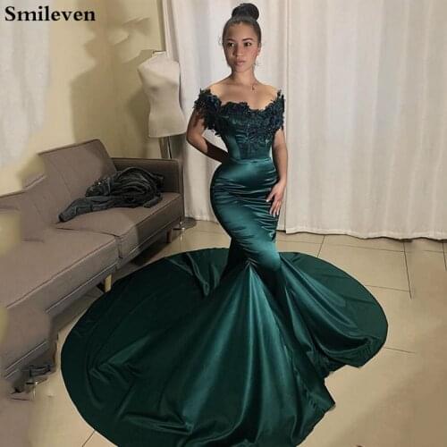 Smileven Appliques Mermaid Prom Gowns Dark Green Off The Shoulder Evening Gown Sexy Prom Dresses Long