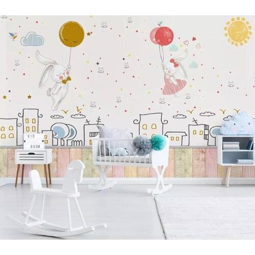 Milofi custom 3D photo wallpaper Nordic minimalist cartoon moon bunny couple childrens house wall decoration mural wallpaper