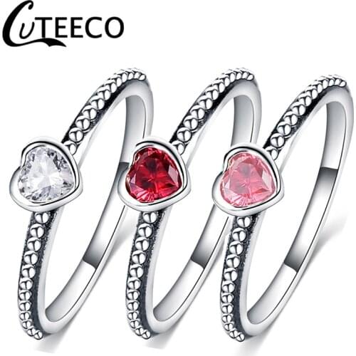Cuteeco Hot Sale Silver Color Love Heart Rings For Women Compatible With Original Pan Ring Valentines Day Jewelry Gift