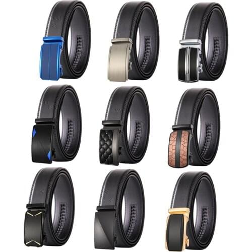 Black Leather Mens Belts Casual Automatic Ratchet Buckle Men Belt Waistband Straps for Dress Jeans Sliding Easy Release B634