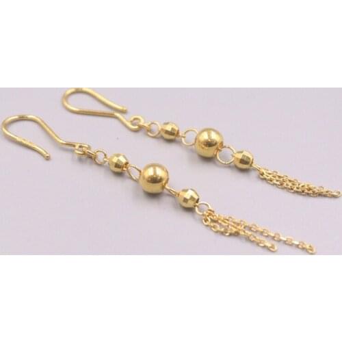 Pure 999 24k Yellow Gold Earrings Carved Glossy Beads Ball Chain Tassel Dangle Earrings Woman Lucky Gift 4.9g
