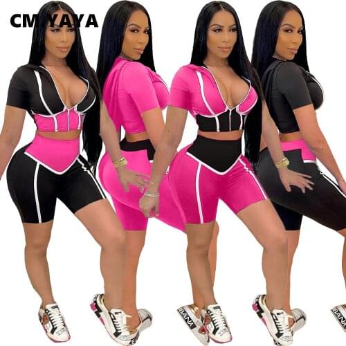 CM.YAYA Patchwork Active Women Two 2 Piece Outfits Set Zipper Tops and Shorts Jogger Sweatsuit Matching Set Workout Tracksuit