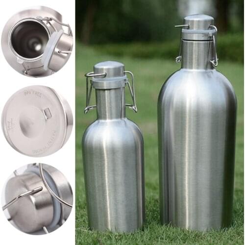 Mayitr 1pc 1L/2L 32oz/64oz Stainless Steel Water Bottle Water Beer Thermos Growler Outdoor Insulation Keg For Sport Bottle