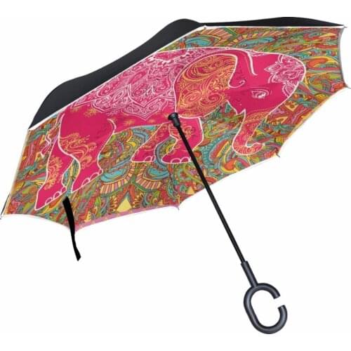 Handy C-Hook Hands Car Umbrella Windproof Reverse Tribal Floral Elephant Double Layer Inverted Umbrella For Women and Men