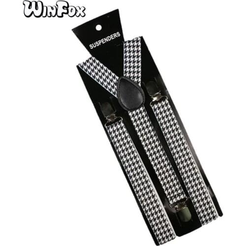 Winfox 2.5cm Wide Vintage Male Suspenders Men White Black Houndstooth Women Braces suspensorio