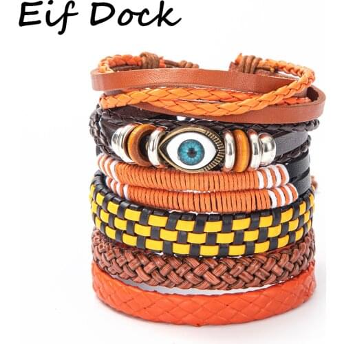 Vintage 6pc/Set Ethnic Tribe Leather Mens Bracelet Braided Handmade Evil Eye Rope Wrap Beads Charm Bracelets for Women Jewelry