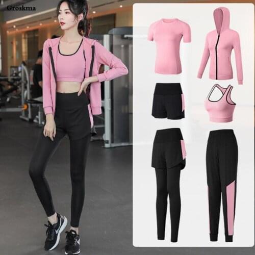 6 Piece Set Women Quick Dry Yoga Clothes Fitness Gym Coats+Bra+T Shirt+Pants+Shorts Outdoor Sportswear Running Roupas Femininas