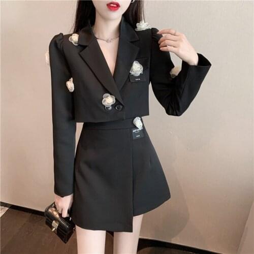 Fall New Women 3D Flowers Short Small Suit Coat + High Waist Slim Irregular Skirt Two-piece Set Cropped Blazer Office Lady Suit