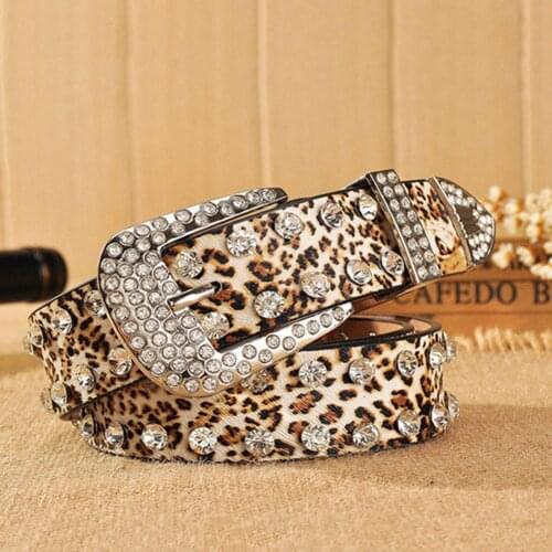Fashion Women Leopard Rhinestone Inlaid Soft Faux Leather Belt Buckle Waistband Cowgirl Waist Belt Metal Buckle Waistband