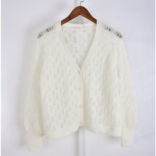 Women Knit Cardigan Hollow out V-neck Single Breasted Long Sleeve 2021 Spring Retro Ladies Knitwear Sweater Pull Maille