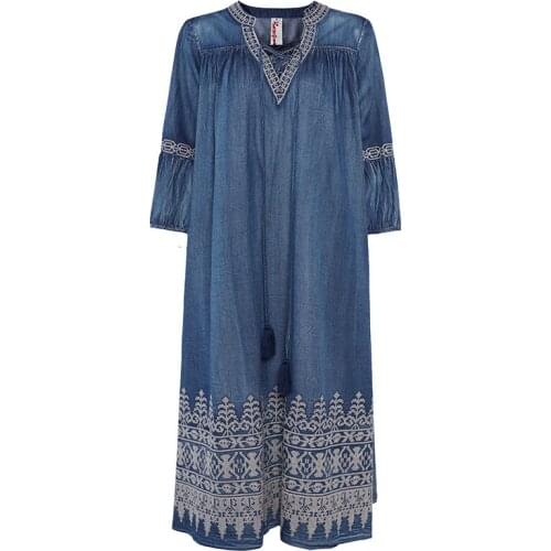 DANCING WINGS Women Dress 2020 Vintage Lantern Sleeve Flower Embroidery Dresses Long Denim Vestidos