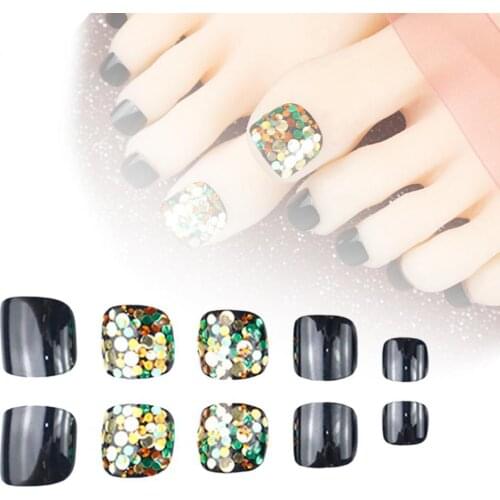 24Pcs Nail Patch Universal Lightweight ABS Black Sequins Beauty Makeup False Toenails for Girls