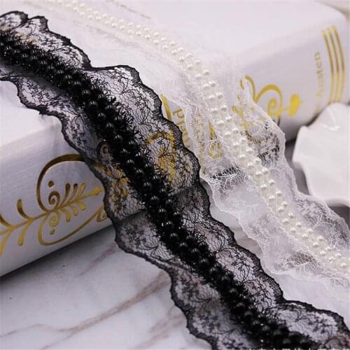 5Yards Double Row Pearl Beads Lace Mesh Trim Black White Embroidery Lace Fabric DIY Clothing Wedding Dress Curtain Accessories