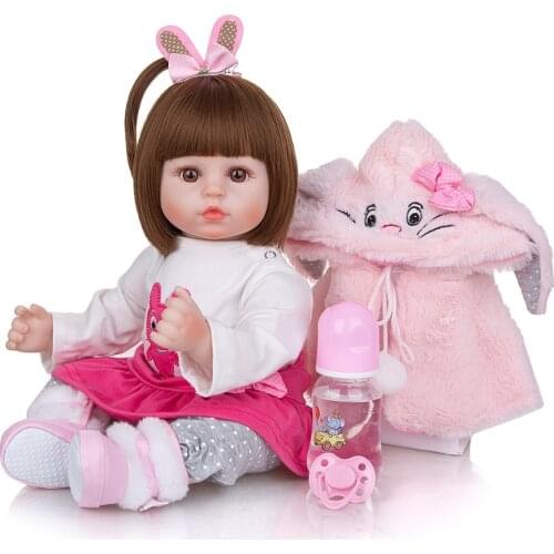 Baby Reborn Girl 48cm Beautiful Realistic Fabric Bunny Magnetic Pacifier Brown Hair