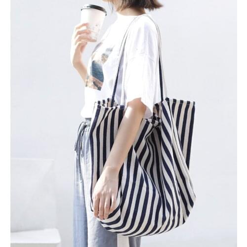 Large Capacity Canvas Womens Bag 2021 Retro Simple Striped Womens Shoulder Bag Multifunctional Casual Open Tote Shopping Bag