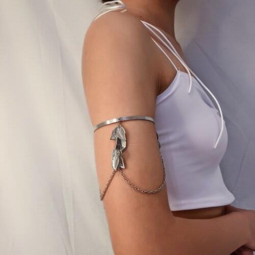 Roman Leaf Feather Tassels Arm Bracelet for Women Girls Gold Metal Armband