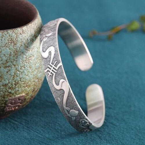 Vintage Unisex 999 Pure Silver Bracelet Carved Auspicious Cloud Frosted Craft