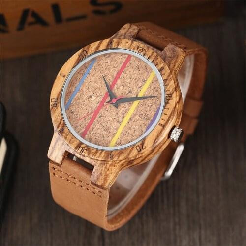 Colored Stripes Red Seconds Display Natural Wood Watch Mens Quartz Wristwatch Genuine Leather Mens Watches