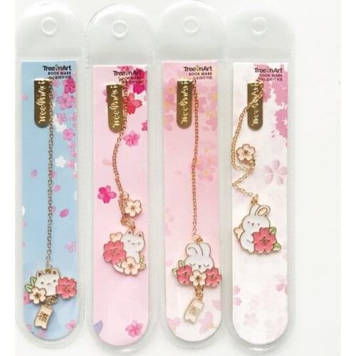 Kawaii Rabbit Cat And Sakura Metal Chain Pendant Bookmark Marker of Page School Office Supply Student Stationery