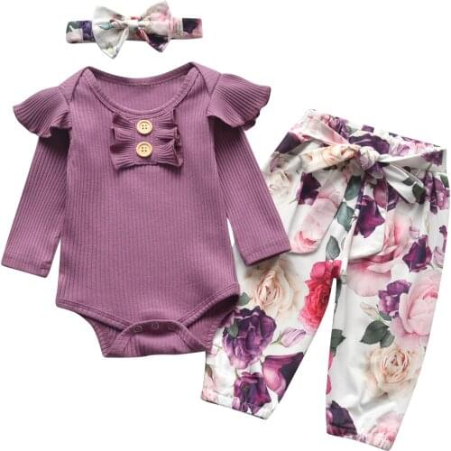 Newborn Baby Girls Clothes Sets Spring Autumn Infant Outfits Fly Sleeve Romper Tops Flower Pants Headband Cute Toddler Clothing
