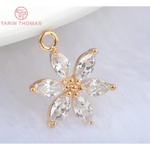 25)4PCS 18.5*13.5MM 24K Gold Color Brass with Zircon Flower Charms Pendants High Quality Diy Jewelry Findings Accessories