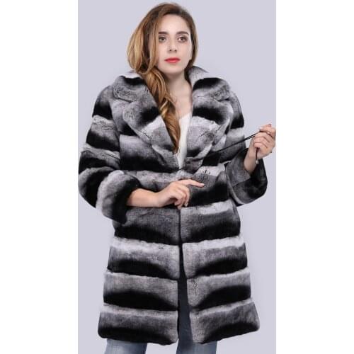 Fashion women winter real rex rabbit fur long jacket striped chinchilla fur overcoat warm genuine fur coats brand customized