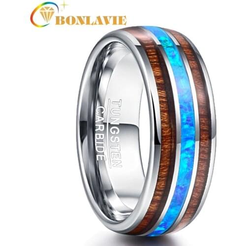 BONLAVIE 8mm Tungsten Carbide Opal Rings Elegant Male Dome Acacia Koa Wood Rings for Men Wedding Bands Jewelry Lovers Gift